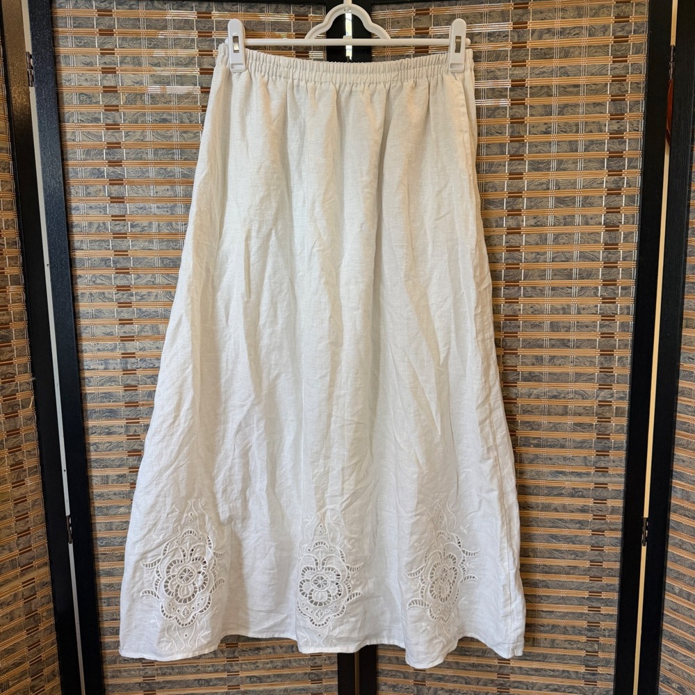Unbranded Linen Blend Maxi Skirt Women L White Eyelet Embroidered Boho Coastal